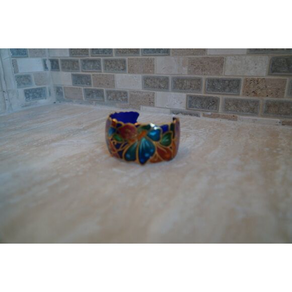 David Kuo Vintage Signed Multicolor Floral Enamel Cuff Bracelet - Picture 5 of 9